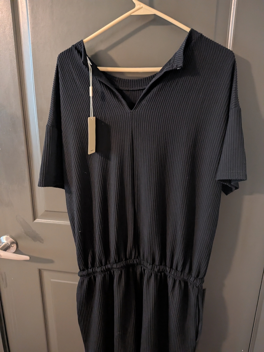 Women's Black Short-Sleeve Ribbed Romper with Elastic Waist NWT